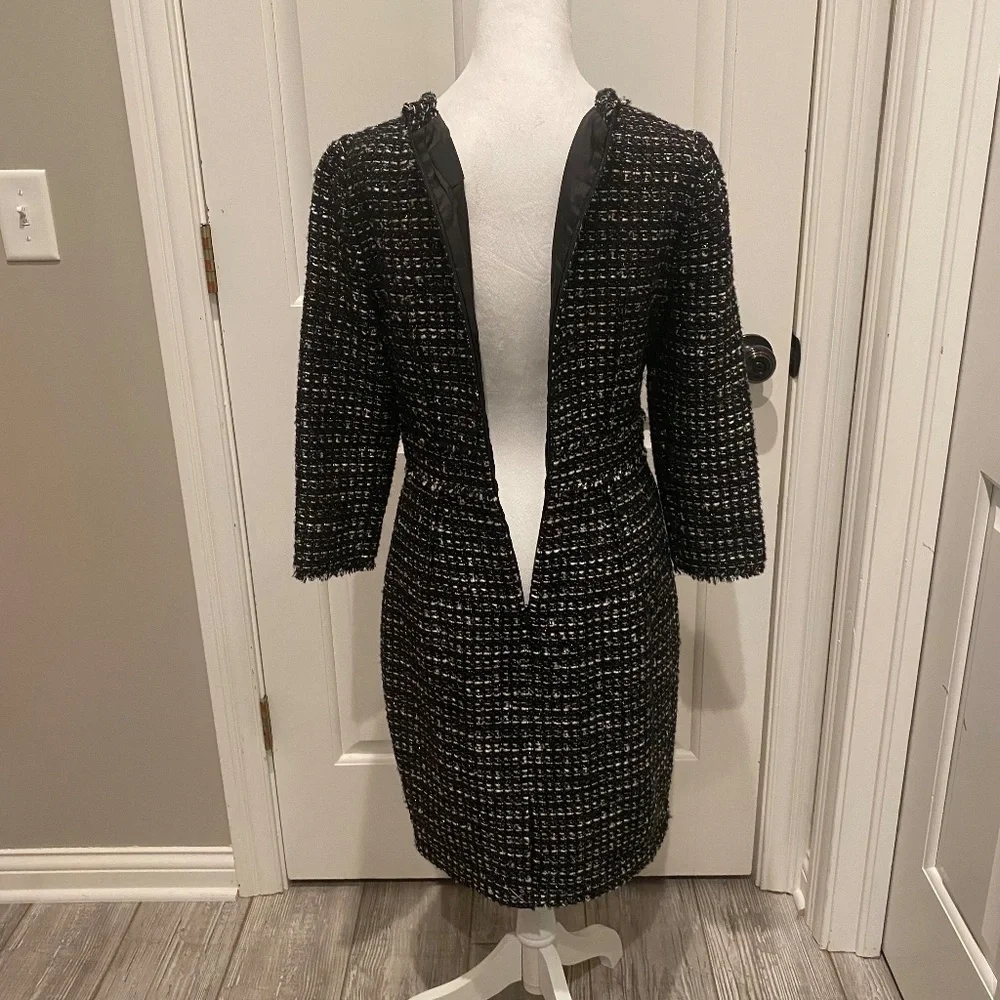 J. Crew Collection Shimmer Tweed fringe trim dress black white 16351